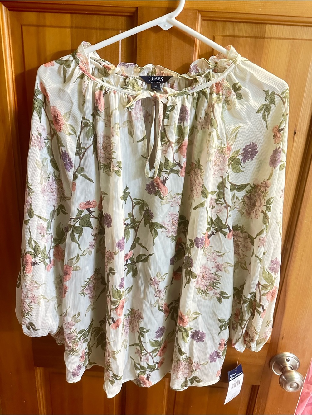 Chaps Cream Floral Tie-Neck Peasant Blouse